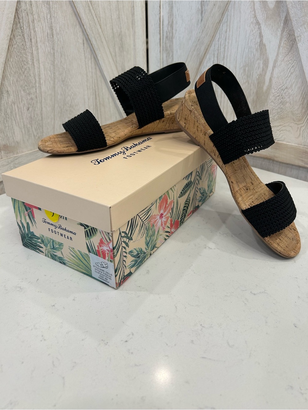 Tommy Bahama Black Cork Wedge Sandals with Elastic Back